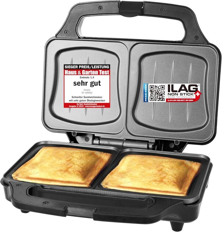 Emerio XXL Appareil à croque-monsieur, toutes tailles de sandwichs, sans BPA, forme coquille, 900 W