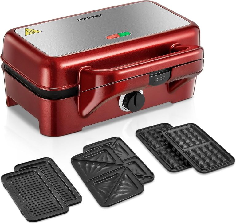 HOUSNAT Gaufrier 3 in 1 - Appareil à croque-monsieur avec contrôle de température à 5 vitesses, 1200 W, rouge